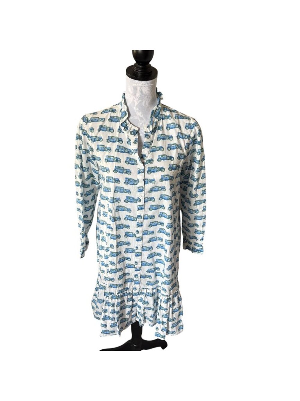 Le Bazar Coastal Antique Auto Ruffle Dress Long Sleeve Medium NEW